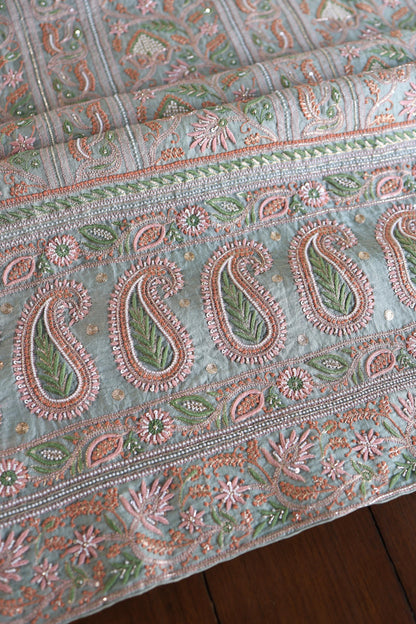 Pastel Green Shade Noor Banarasi Organza Chikankari Unstitched Fabric