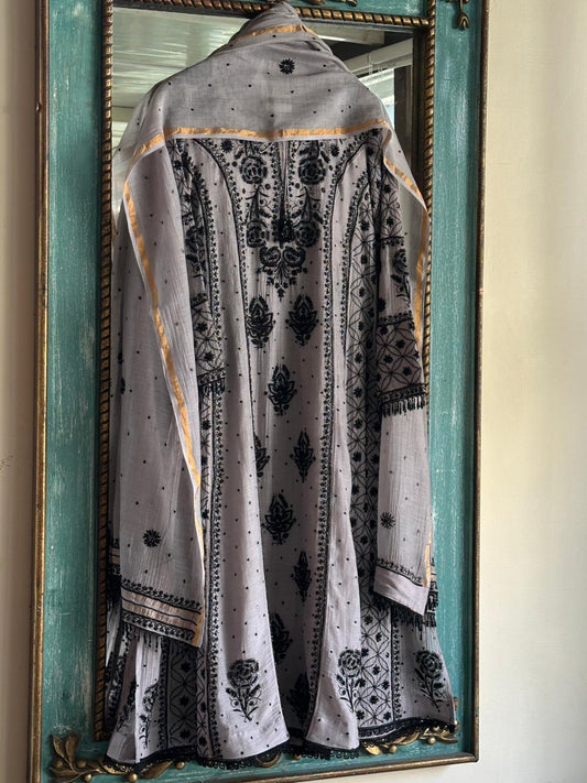 Pastel Grey Malmal Pearl Work Chikankari A Line Kalidar Kurta With Dupatta