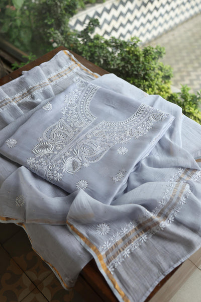 Pastel Grey Shade Mal Cotton Fine Chikankari Unstitched Fabric