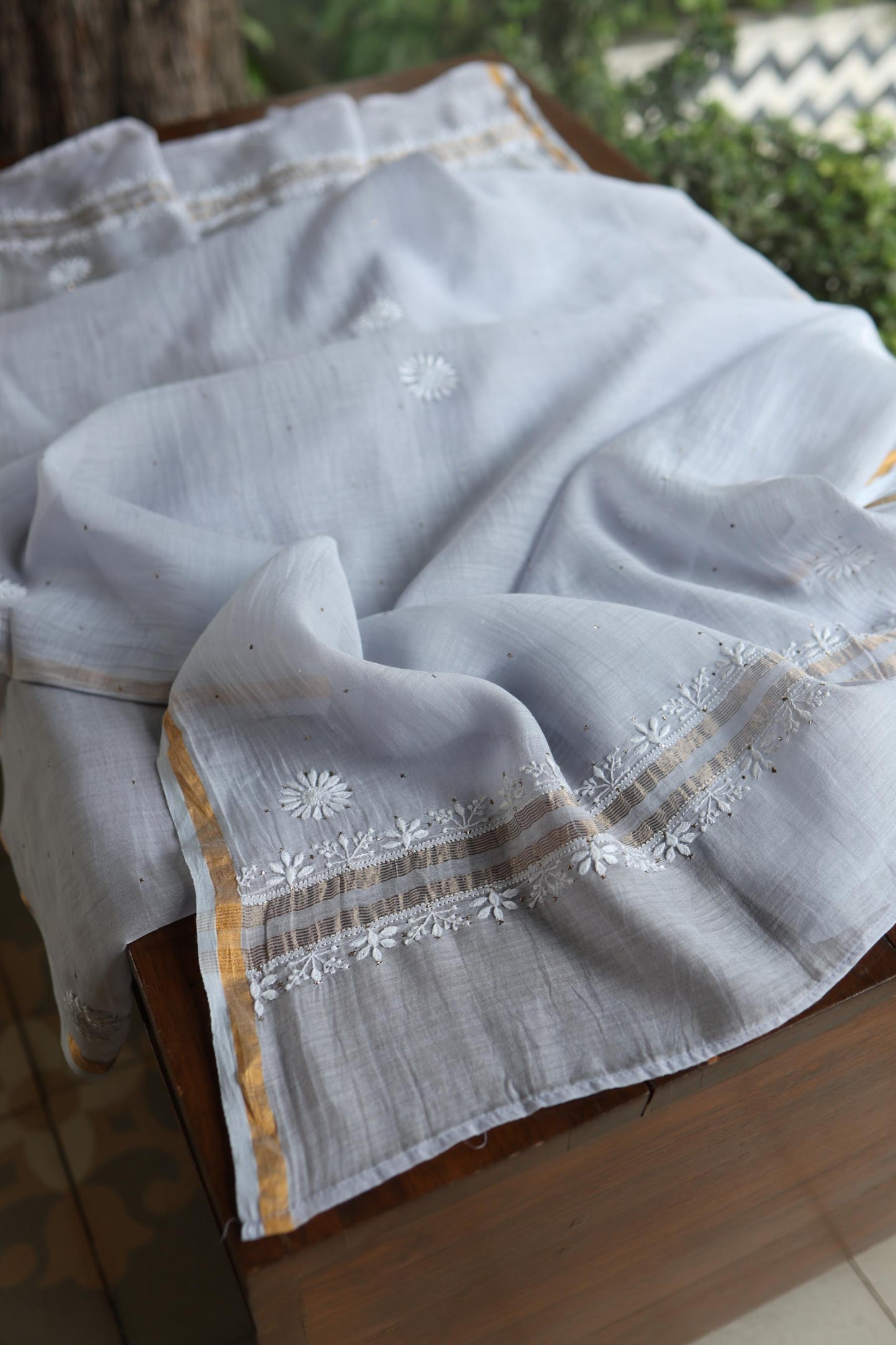 Pastel Grey Shade Mal Cotton Fine Chikankari Unstitched Fabric