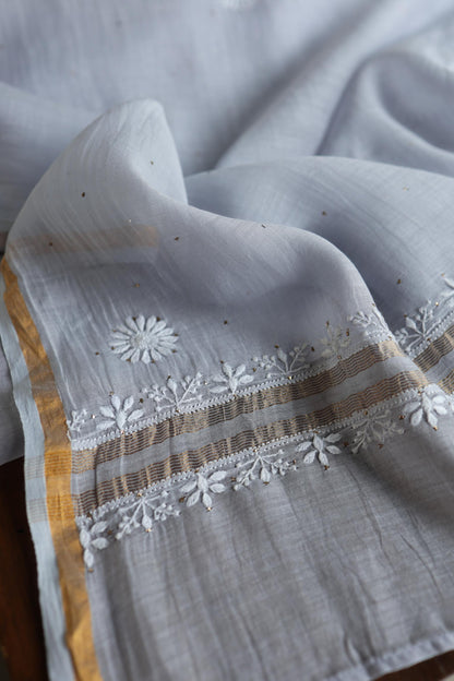 Pastel Grey Shade Mal Cotton Fine Chikankari Unstitched Fabric