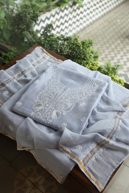 Pastel Grey Shade Mal Cotton Fine Chikankari Unstitched Fabric