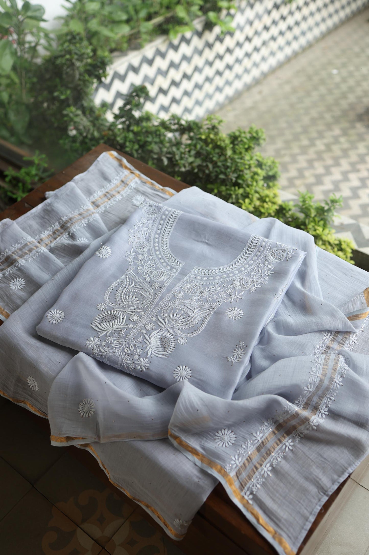 Pastel Grey Shade Mal Cotton Fine Chikankari Unstitched Fabric