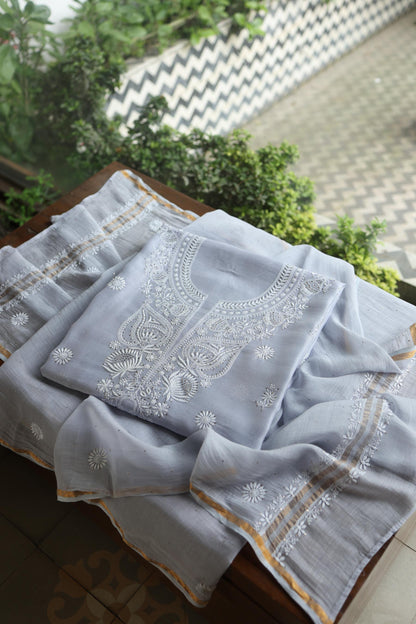 Pastel Grey Shade Mal Cotton Fine Chikankari Unstitched Fabric