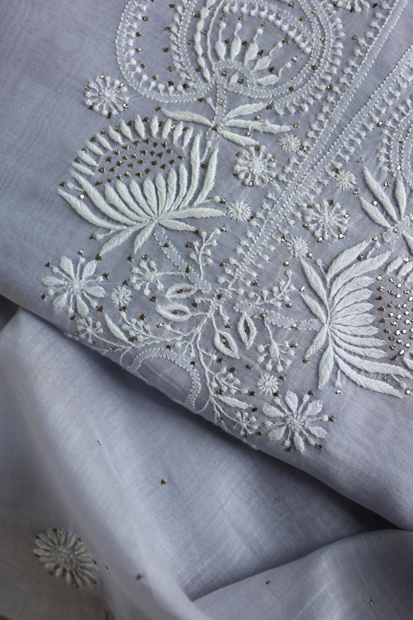 Pastel Grey Shade Mal Cotton Fine Chikankari Unstitched Fabric