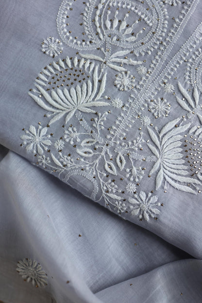 Pastel Grey Shade Mal Cotton Fine Chikankari Unstitched Fabric