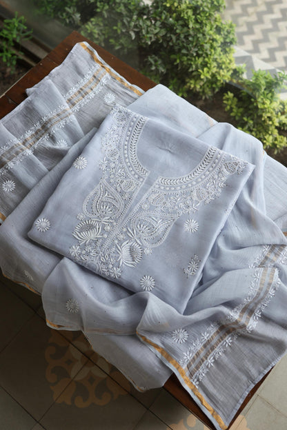 Pastel Grey Shade Mal Cotton Fine Chikankari Unstitched Fabric