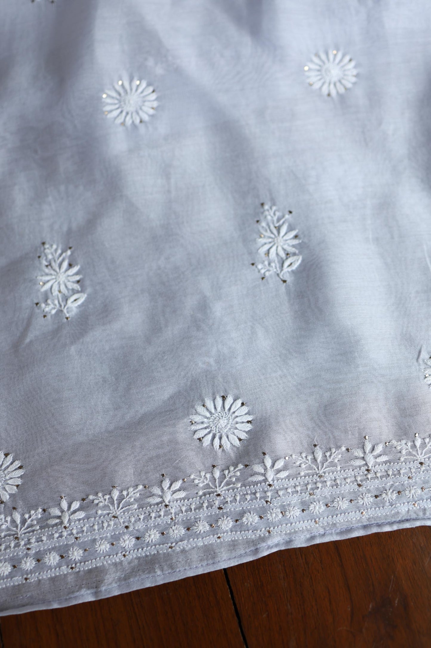 Pastel Grey Shade Mal Cotton Fine Chikankari Unstitched Fabric
