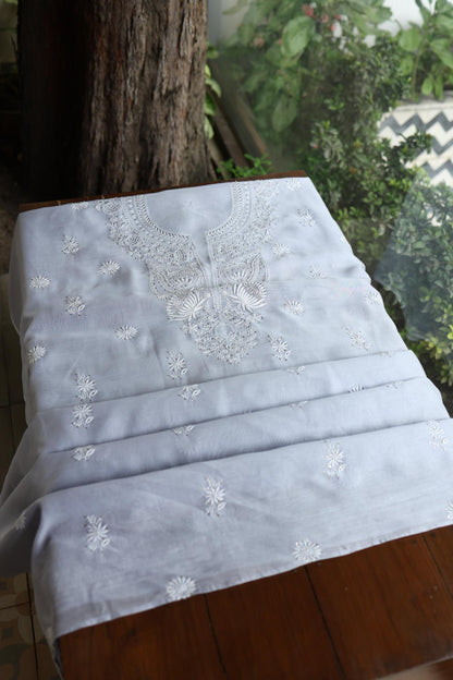 Pastel Grey Shade Mal Cotton Fine Chikankari Unstitched Fabric