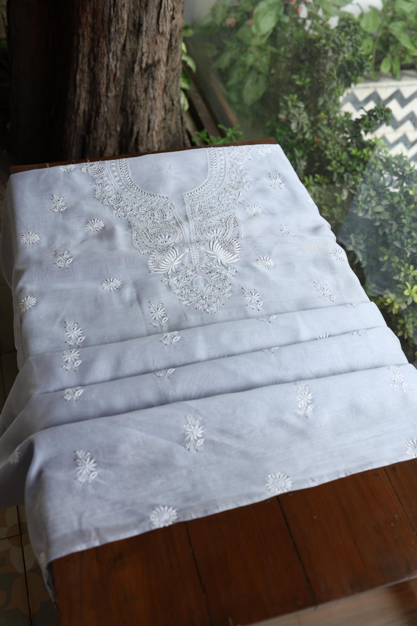 Pastel Grey Shade Mal Cotton Fine Chikankari Unstitched Fabric