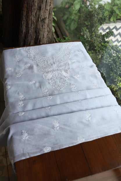 Pastel Grey Shade Mal Cotton Fine Chikankari Unstitched Fabric