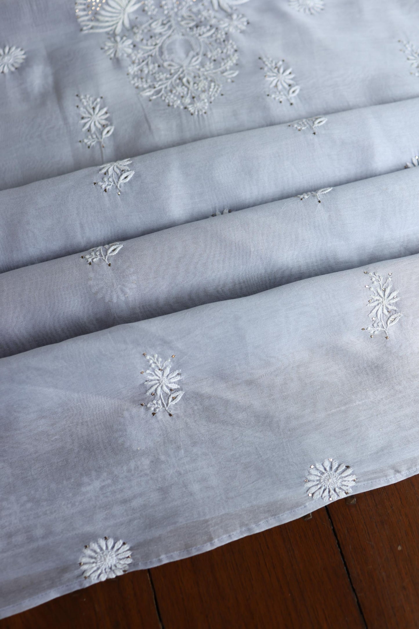 Pastel Grey Shade Mal Cotton Fine Chikankari Unstitched Fabric