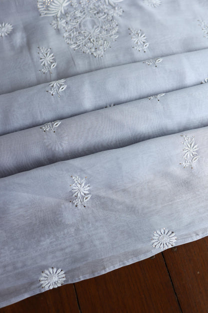 Pastel Grey Shade Mal Cotton Fine Chikankari Unstitched Fabric
