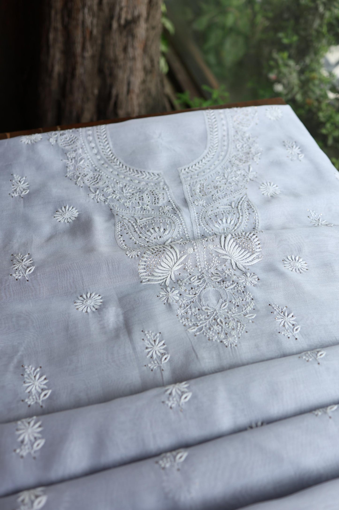 Pastel Grey Shade Mal Cotton Fine Chikankari Unstitched Fabric