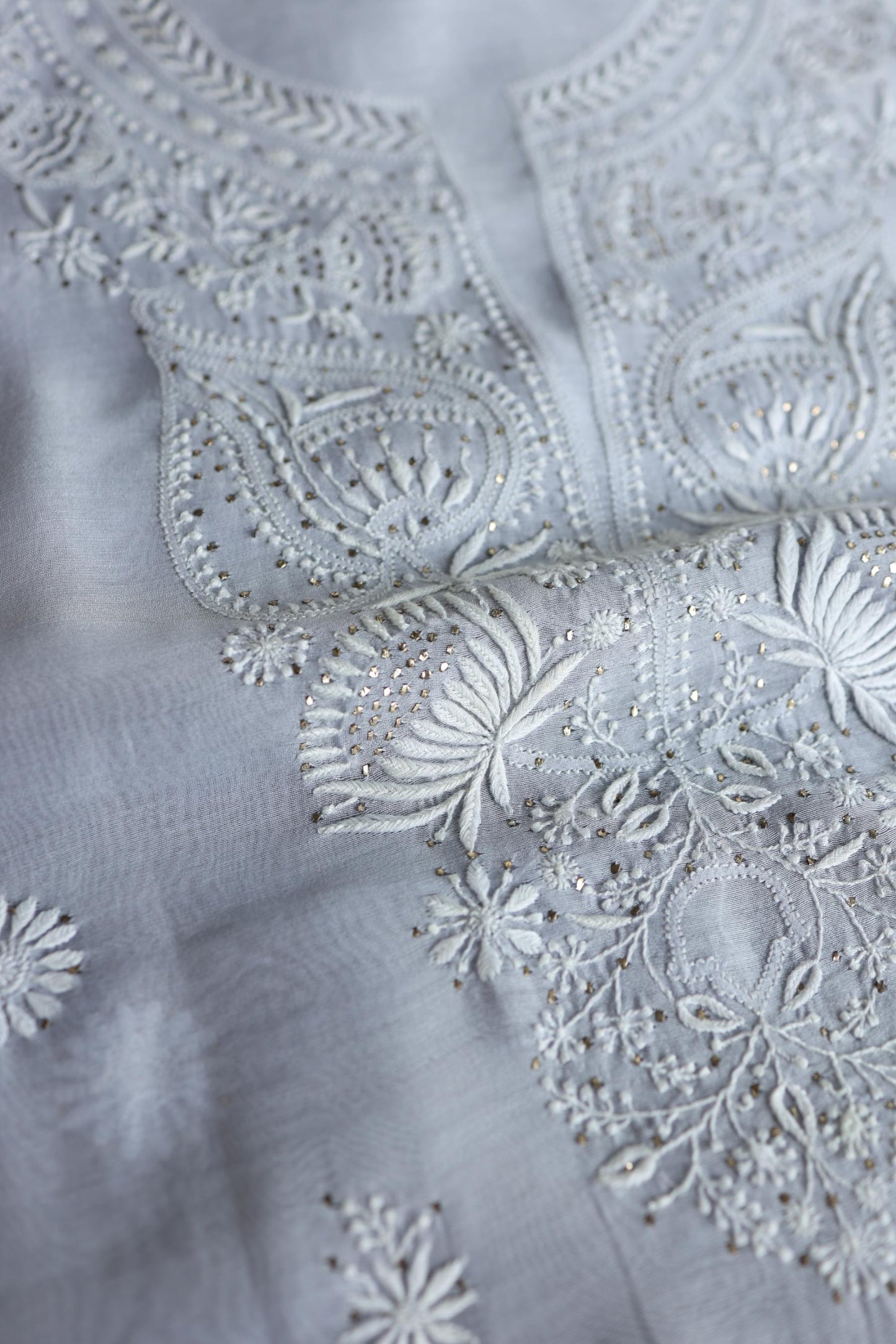 Pastel Grey Shade Mal Cotton Fine Chikankari Unstitched Fabric
