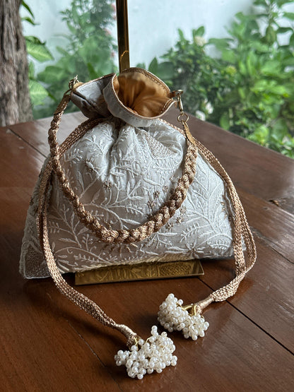 Pastel Grey Tussar Silk Chikankari Ari & Kasab Work Potli Bag