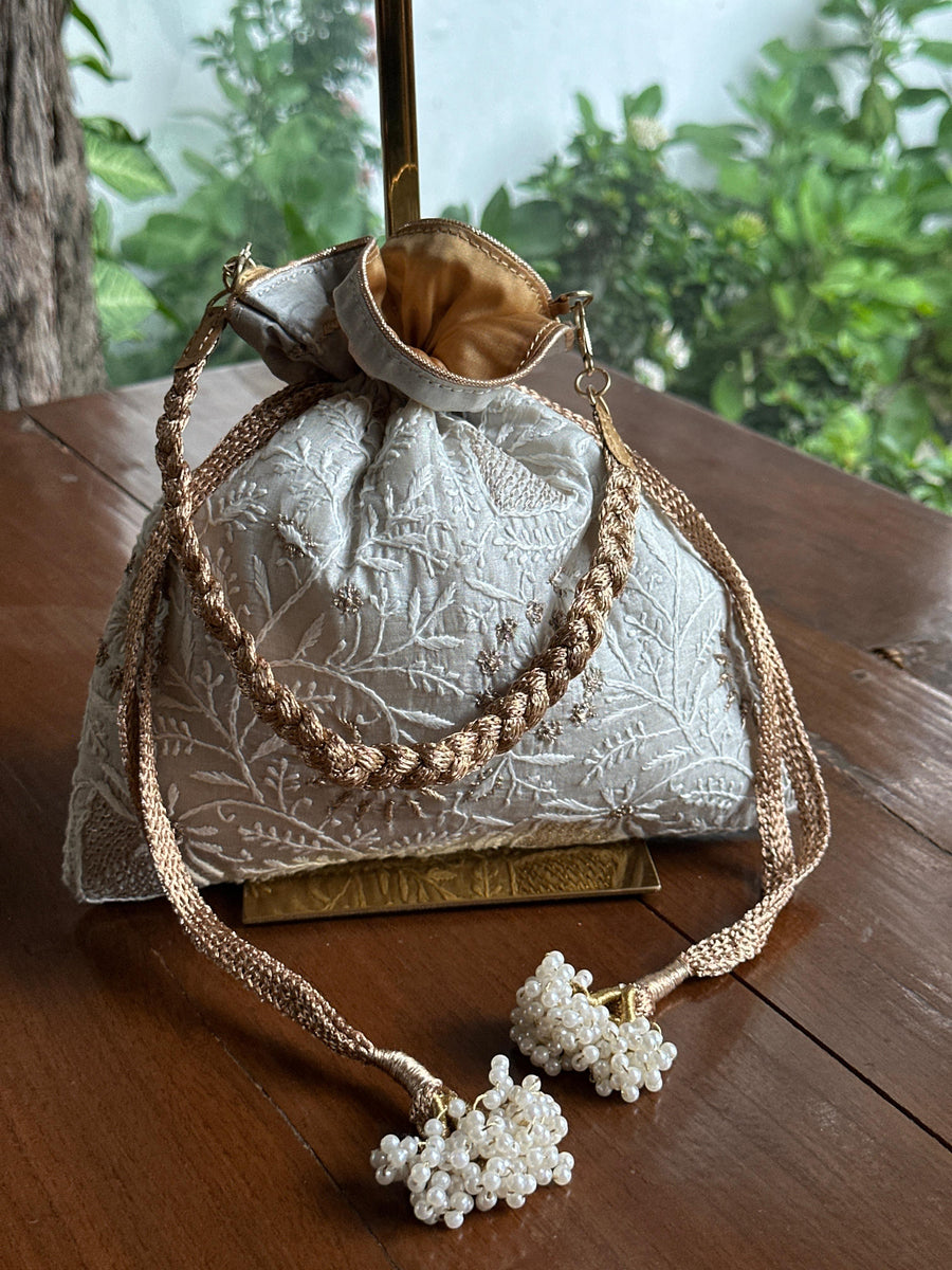 Pastel Grey Tussar Silk Chikankari Ari & Kasab Work Potli Bag