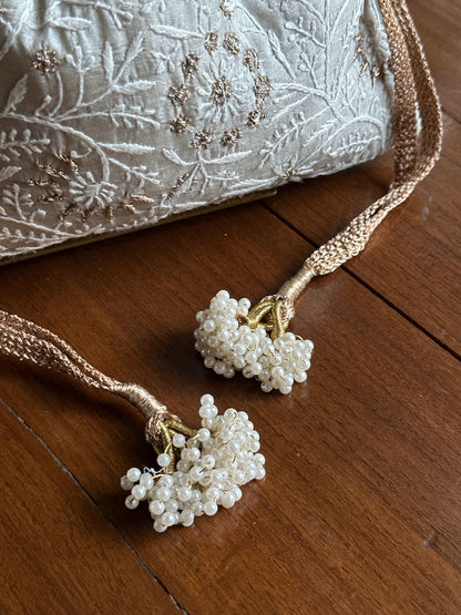Pastel Grey Tussar Silk Chikankari Ari & Kasab Work Potli Bag