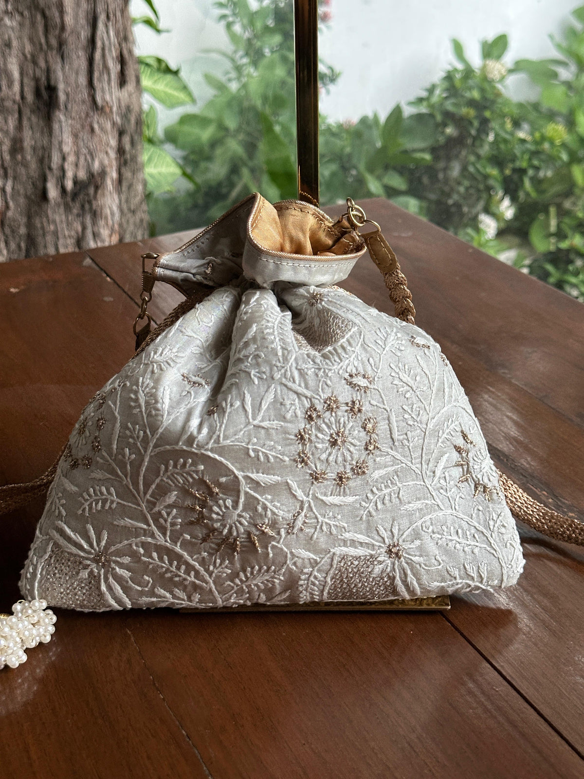 Pastel Grey Tussar Silk Chikankari Ari & Kasab Work Potli Bag