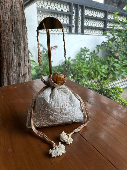 Pastel Grey Tussar Silk Chikankari Ari & Kasab Work Potli Bag