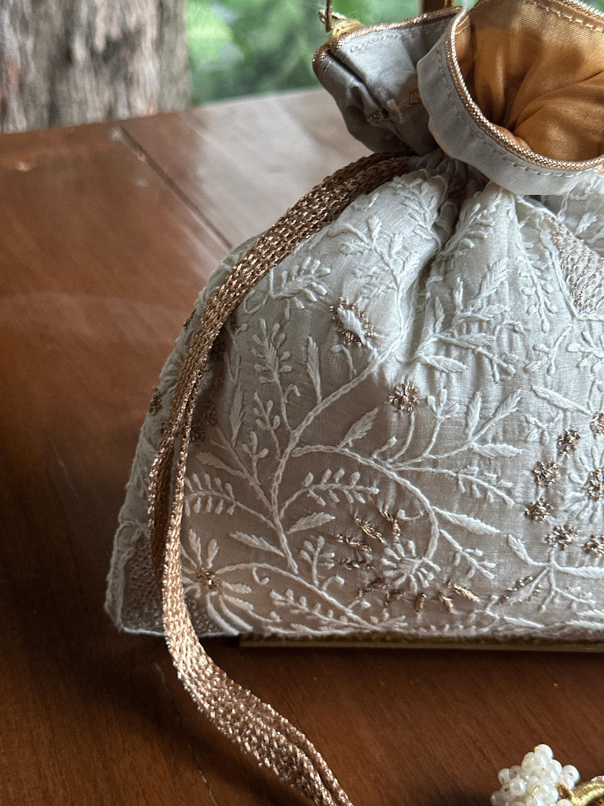 Pastel Grey Tussar Silk Chikankari Ari & Kasab Work Potli Bag