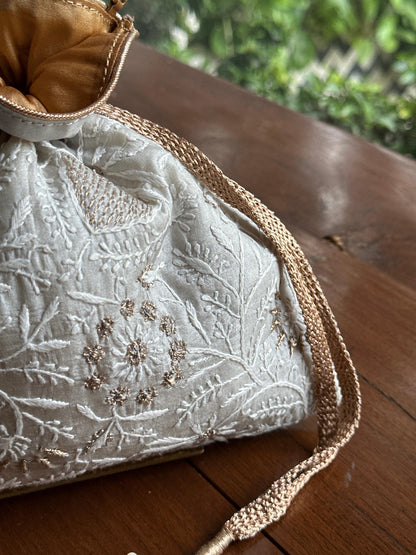 Pastel Grey Tussar Silk Chikankari Ari & Kasab Work Potli Bag