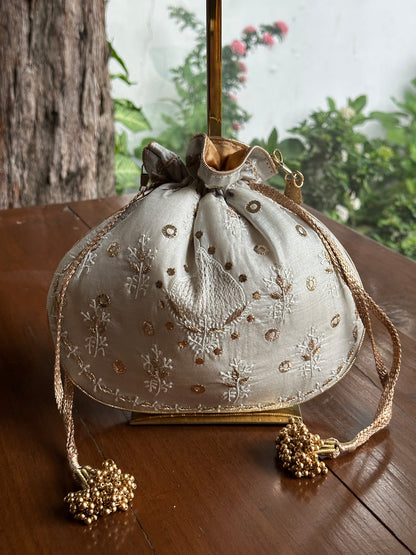 Pastel Grey Tussar Silk Chikankari Ari & Kasab Work Potli Bag