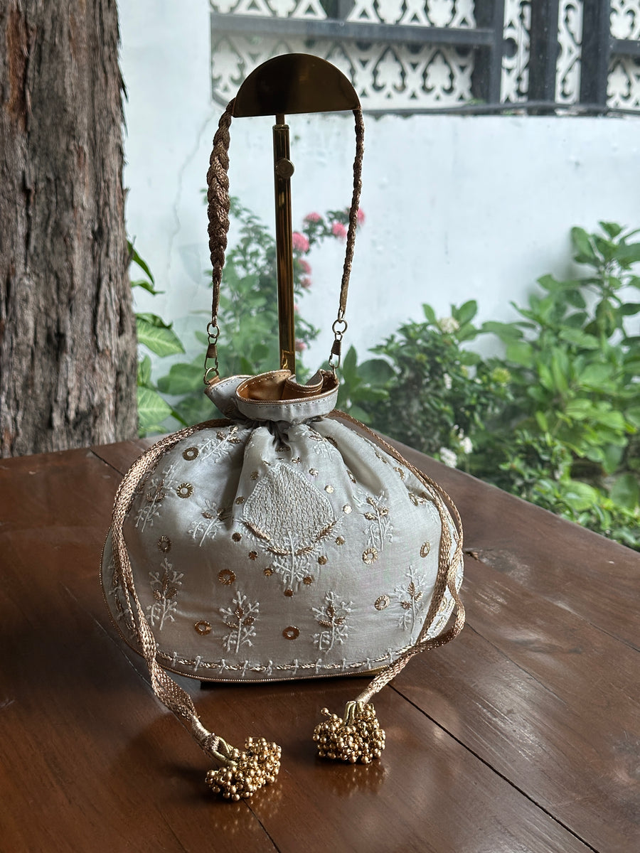 Pastel Grey Tussar Silk Chikankari Ari & Kasab Work Potli Bag