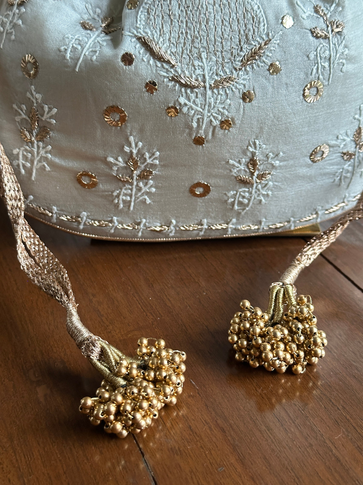 Pastel Grey Tussar Silk Chikankari Ari & Kasab Work Potli Bag