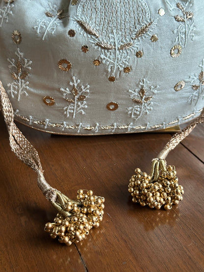 Pastel Grey Tussar Silk Chikankari Ari & Kasab Work Potli Bag