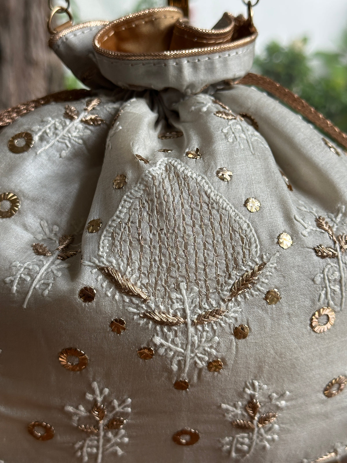 Pastel Grey Tussar Silk Chikankari Ari & Kasab Work Potli Bag