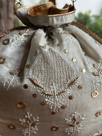 Pastel Grey Tussar Silk Chikankari Ari & Kasab Work Potli Bag