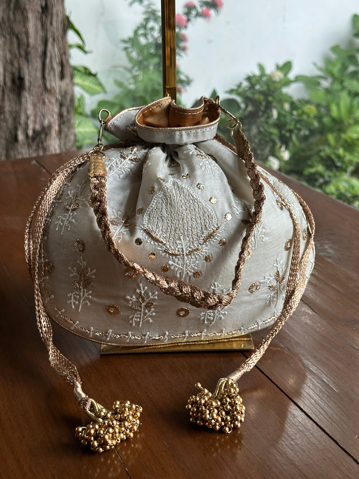Pastel Grey Tussar Silk Chikankari Ari & Kasab Work Potli Bag