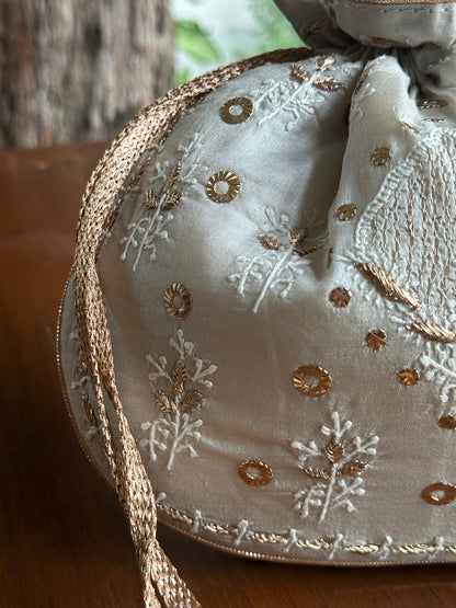 Pastel Grey Tussar Silk Chikankari Ari & Kasab Work Potli Bag