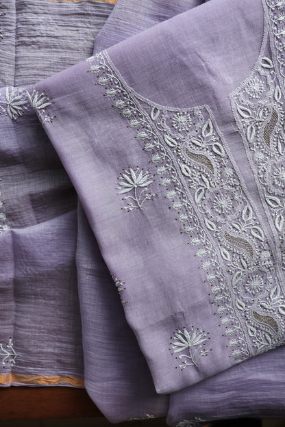 Pastel Lavender Mal Cotton Chikankari Unstitched Fabrics With Kamdani