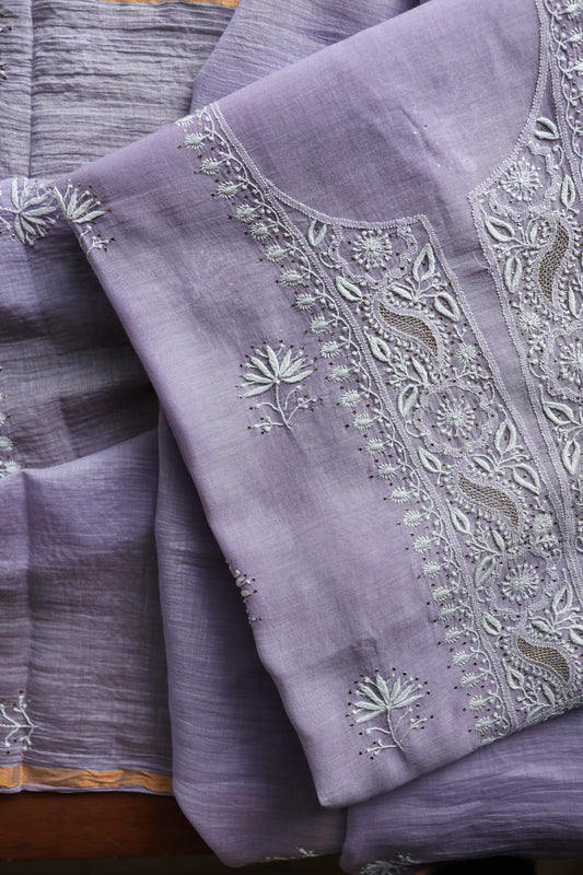 Pastel Lavender Mal Cotton Chikankari Unstitched Fabrics With Kamdani
