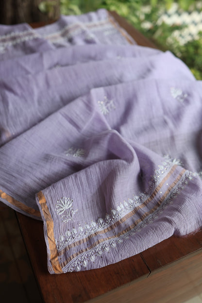 Pastel Lavender Mal Cotton Chikankari Unstitched Fabrics With Kamdani
