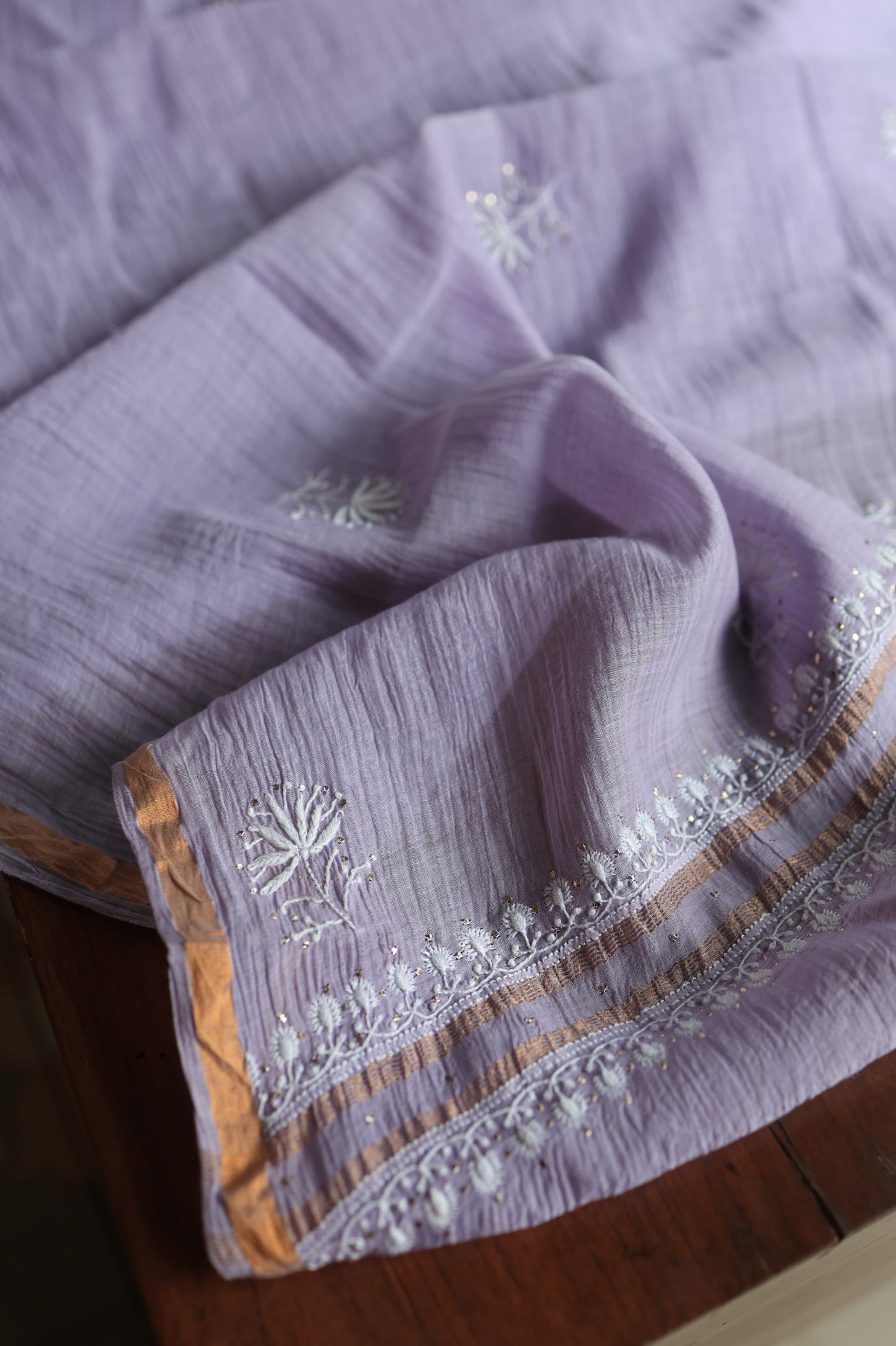 Pastel Lavender Mal Cotton Chikankari Unstitched Fabrics With Kamdani