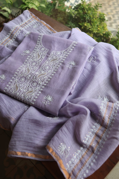 Pastel Lavender Mal Cotton Chikankari Unstitched Fabrics With Kamdani