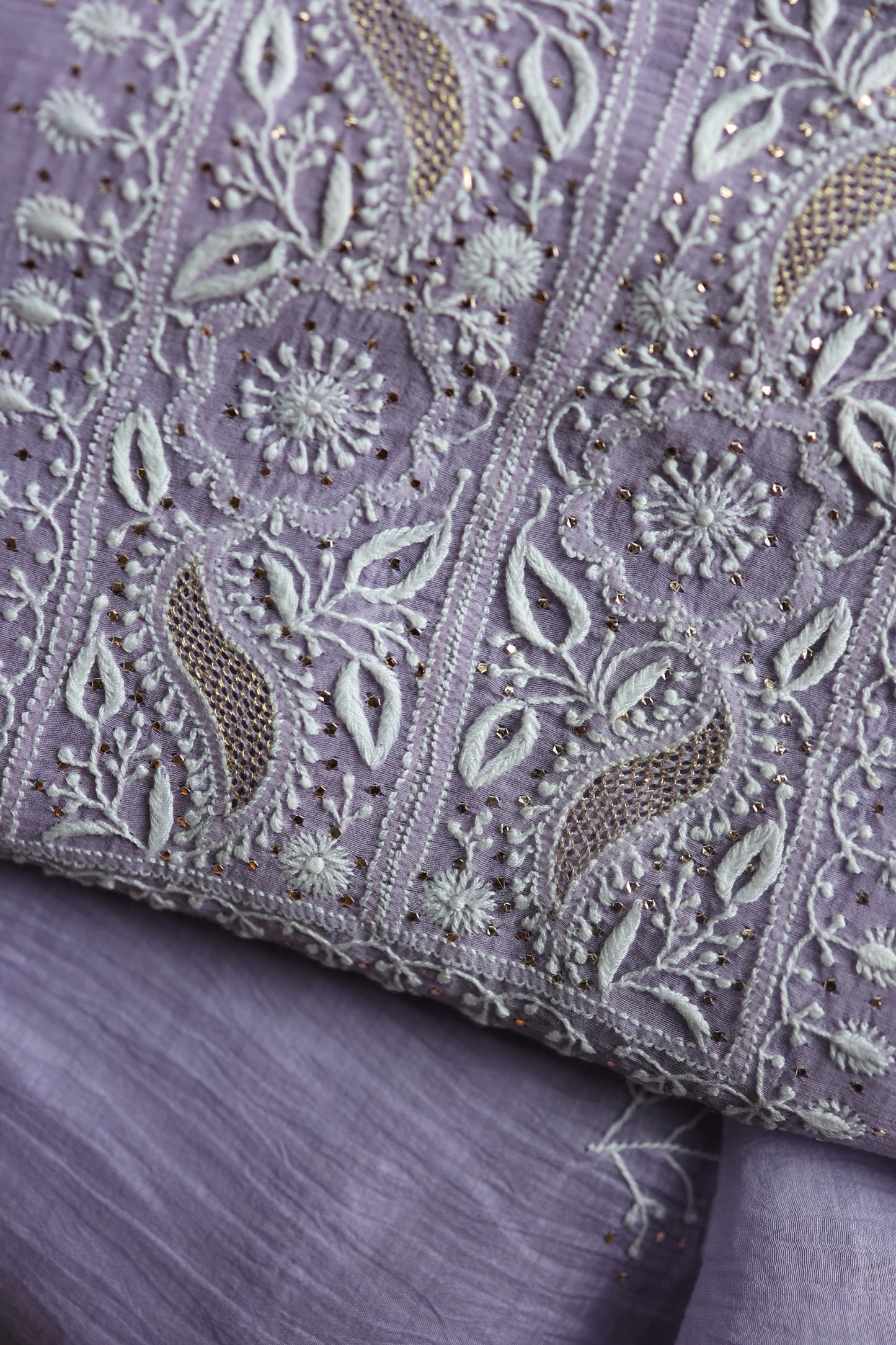 Pastel Lavender Mal Cotton Chikankari Unstitched Fabrics With Kamdani