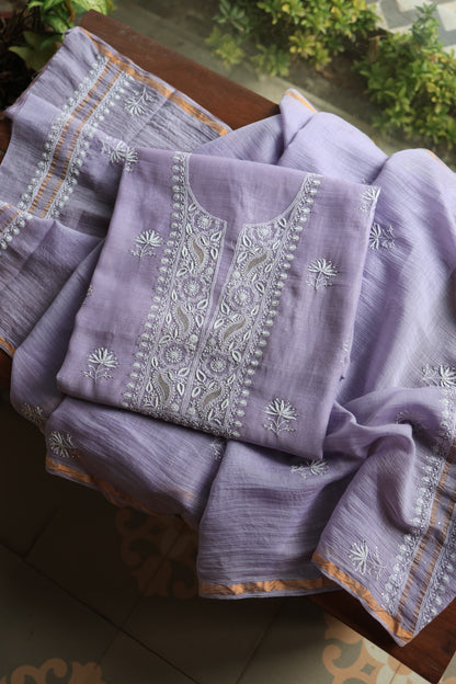 Pastel Lavender Mal Cotton Chikankari Unstitched Fabrics With Kamdani
