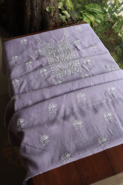 Pastel Lavender Mal Cotton Chikankari Unstitched Fabrics With Kamdani