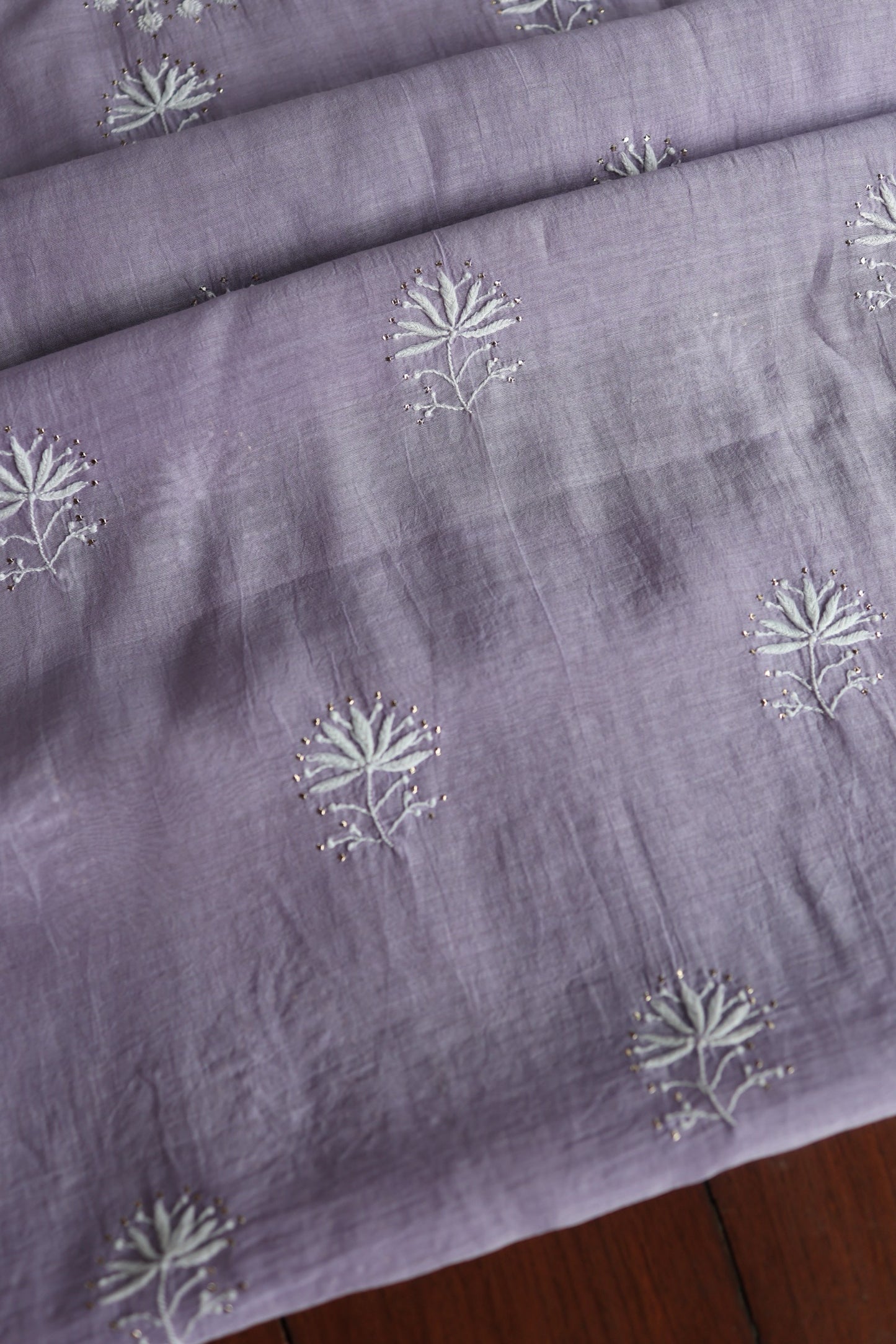Pastel Lavender Mal Cotton Chikankari Unstitched Fabrics With Kamdani