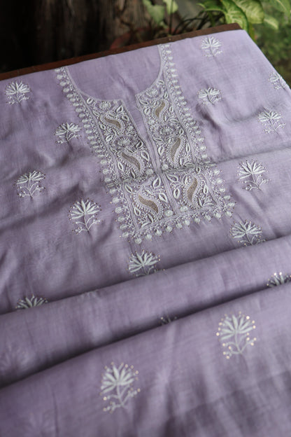 Pastel Lavender Mal Cotton Chikankari Unstitched Fabrics With Kamdani