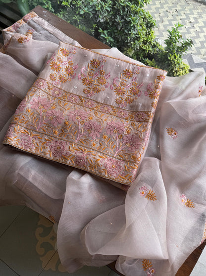 Pastel Lavender Organza Banarasi Silk Chikankari Unstitched Kurta Dupatta Set