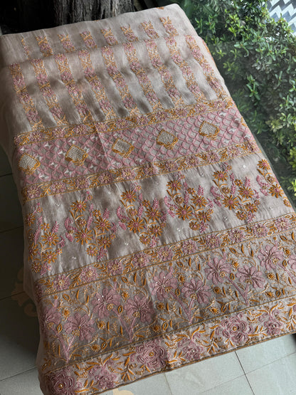 Pastel Lavender Organza Banarasi Silk Chikankari Unstitched Kurta Dupatta Set