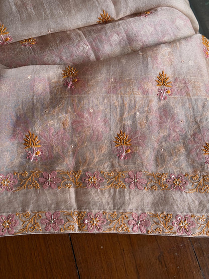 Pastel Lavender Organza Banarasi Silk Chikankari Unstitched Kurta Dupatta Set