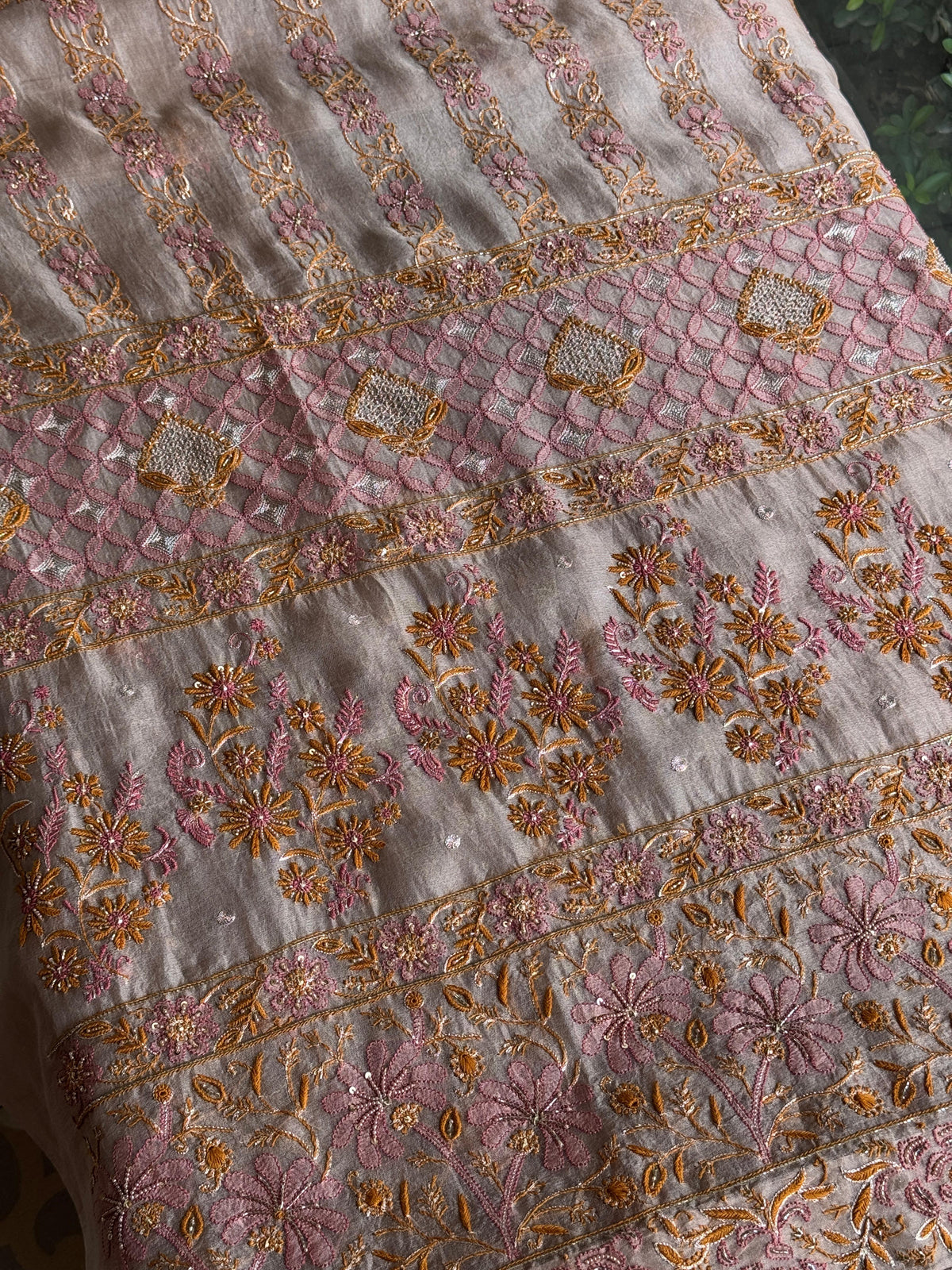 Pastel Lavender Organza Banarasi Silk Chikankari Unstitched Kurta Dupatta Set