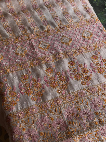 Pastel Lavender Organza Banarasi Silk Chikankari Unstitched Kurta Dupatta Set