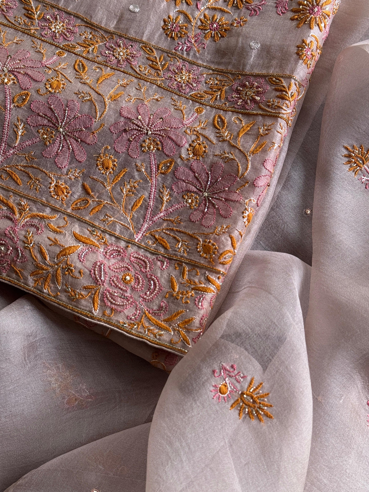 Pastel Lavender Organza Banarasi Silk Chikankari Unstitched Kurta Dupatta Set